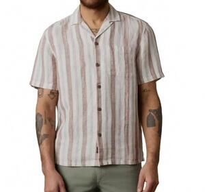 NEW FAHERTY short sleeve palma linen camp shirt in island brown stripe